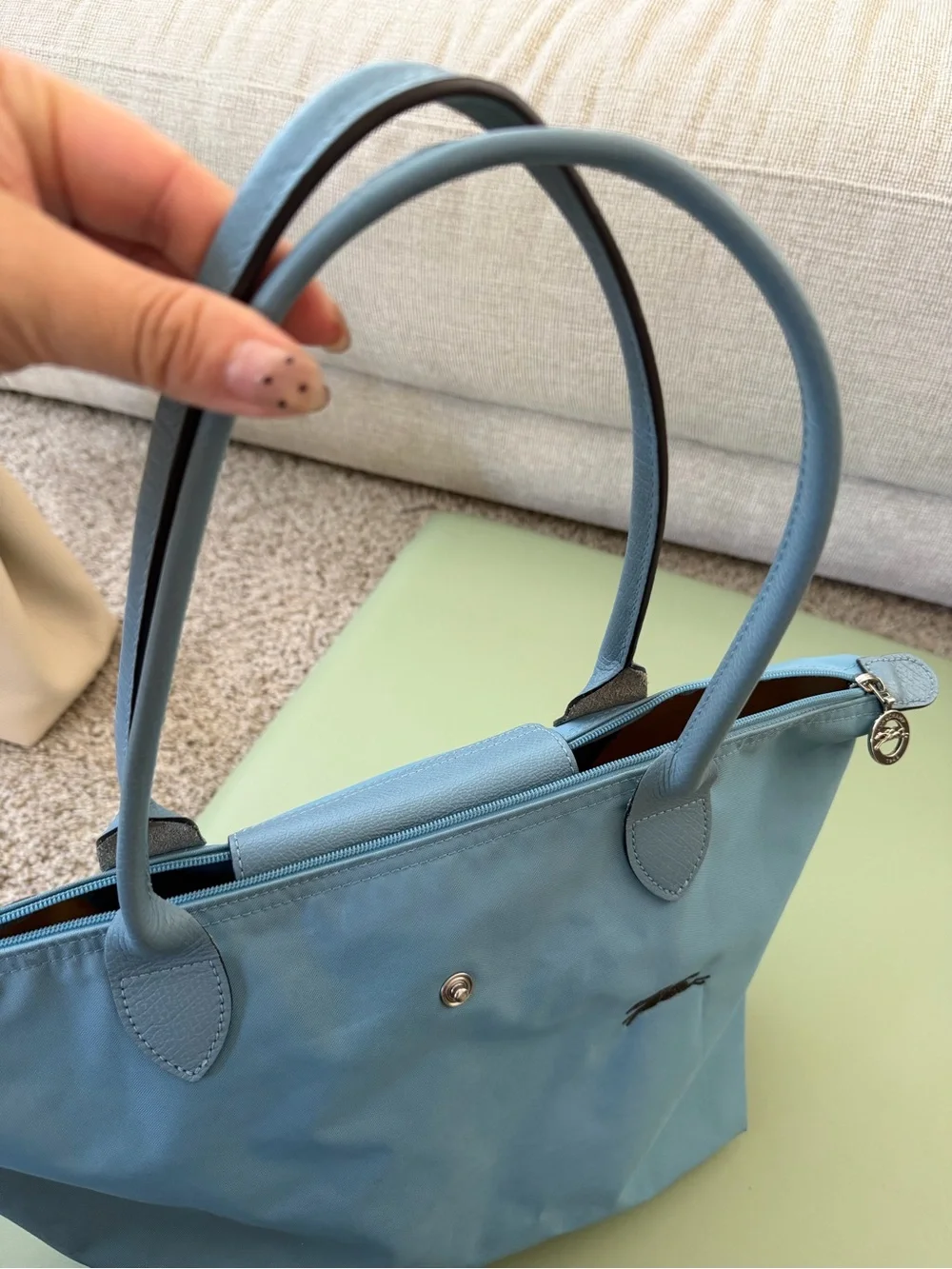 Longchamp Light Blue Nylon Tote with Leather Trim